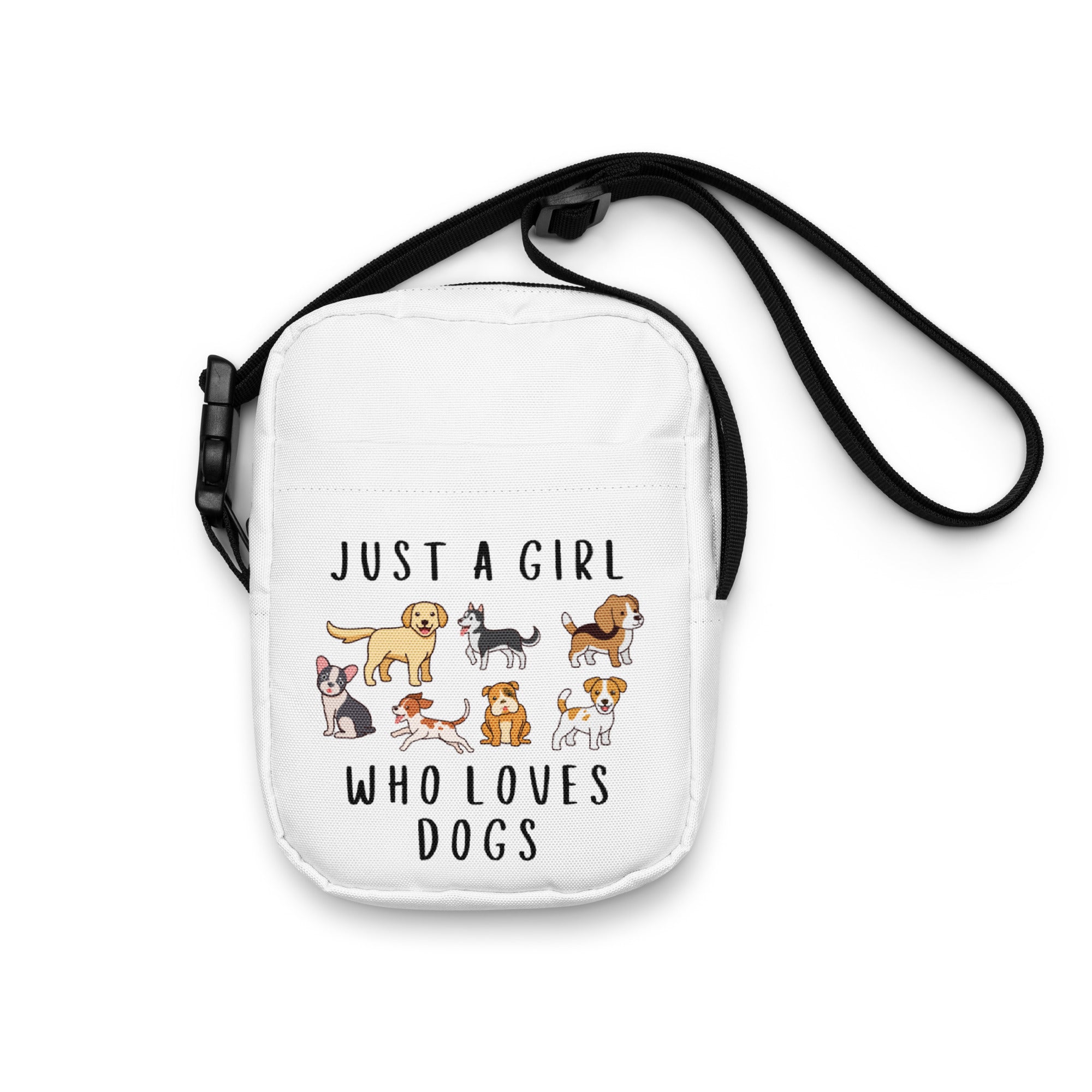 White crossbody purse featuring playful cartoon dogs and the text just a girl who loves dogs for girls