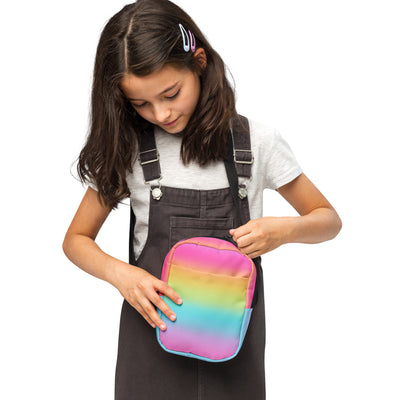 Girls bright rainbow crossbody purse made of soft fabric with a colorful rainbow gradient design pouch