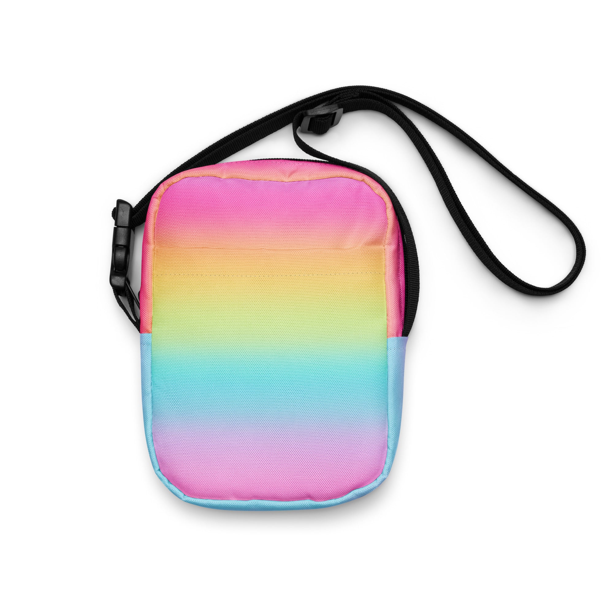 Girls bright rainbow crossbody purse with vibrant gradient mesh fabric and black adjustable strap for easy wear