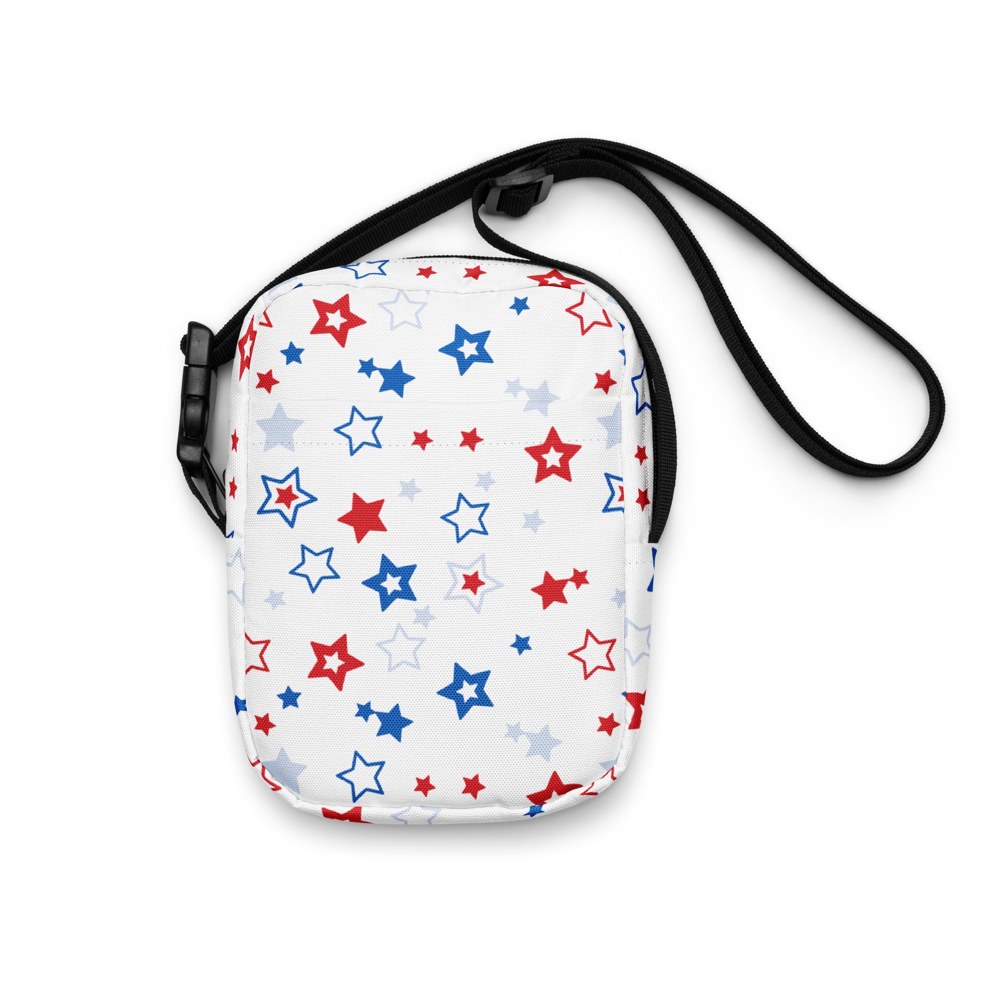 Girls red white and blue stars crossbody purse with white fabric featuring red blue and gray stars and black adjustable strap