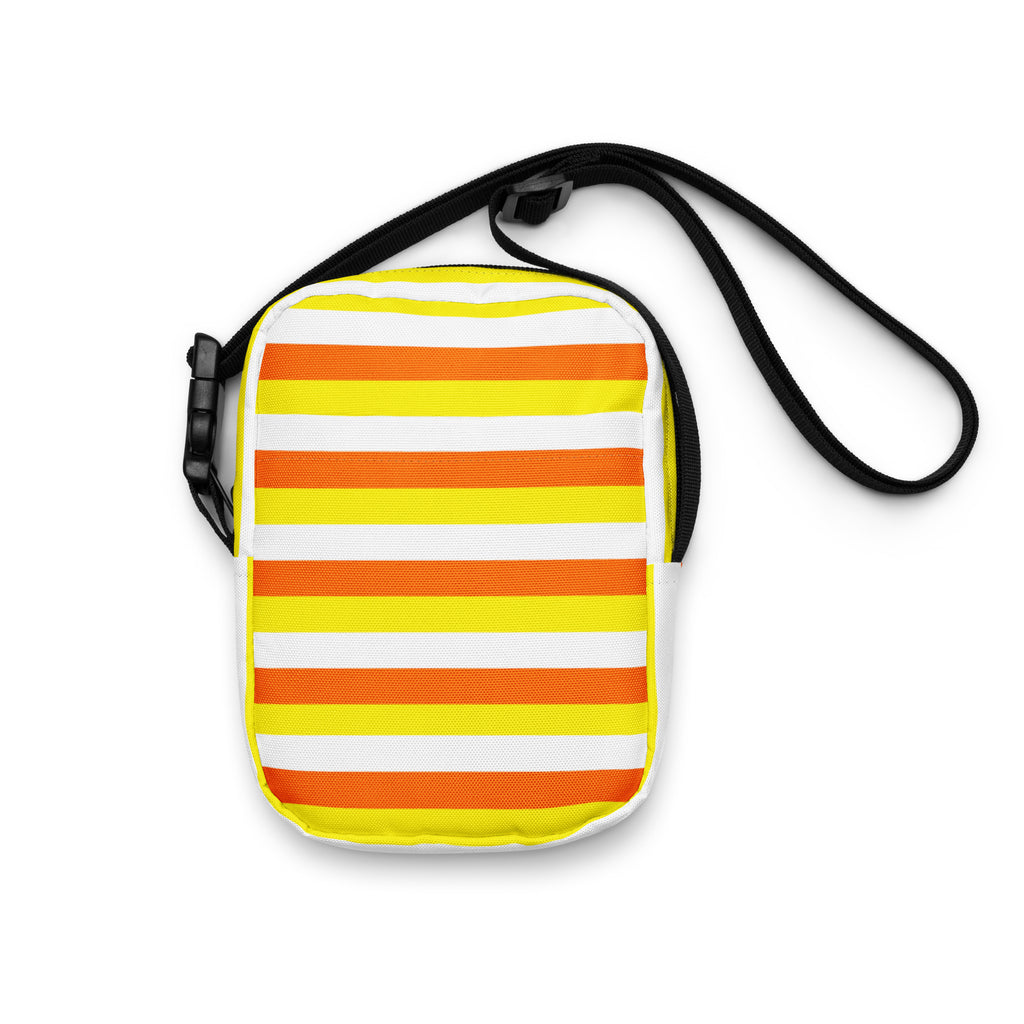 Girls candy corn stripes halloween crossbody purse with bold yellow and orange stripes and black adjustable strap