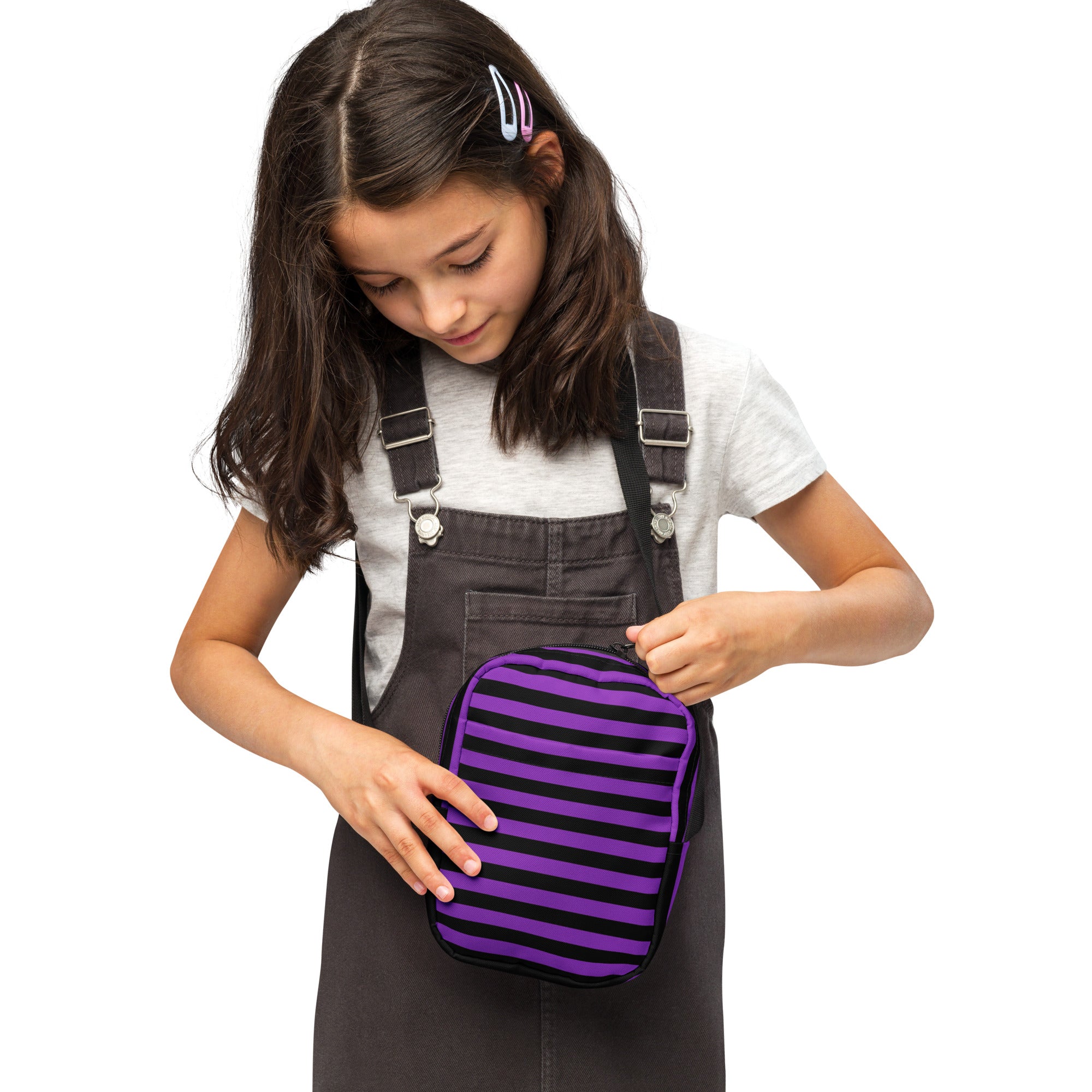Girls purple and black striped rectangular lunch bag with zipper closure for halloween crossbody purse use