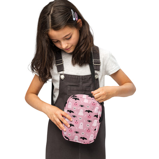 Girls Cute Ghost And Bats Pink Halloween Crossbody Purse