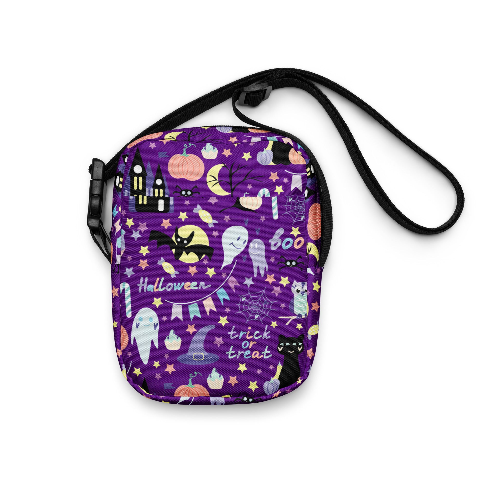 Girls spooky Halloween crossbody purse in purple with black strap and cartoon ghosts bats pumpkins design