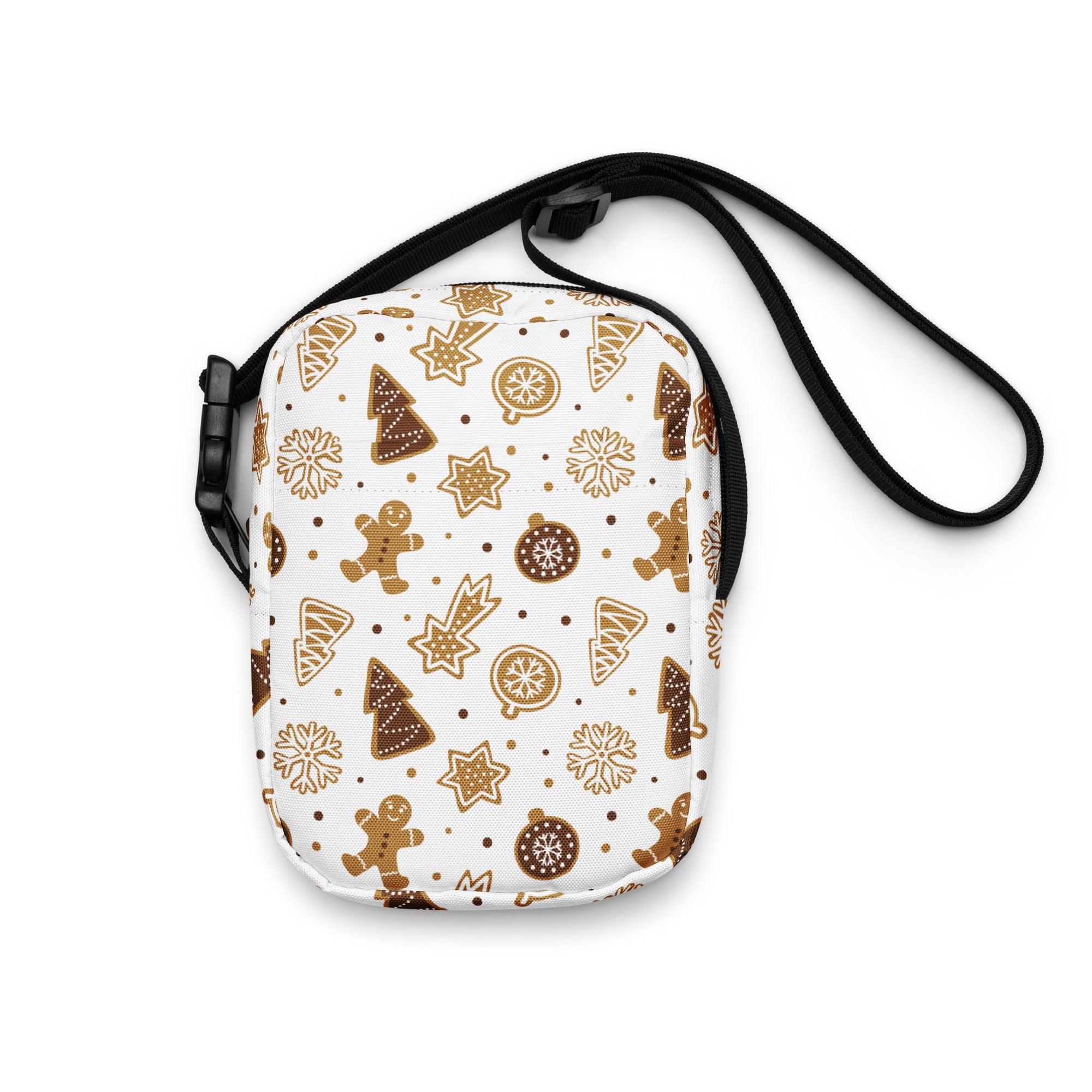 Kids gingerbread cookies Christmas crossbody purse white bag with golden brown festive gingerbread tree star and ornament pattern