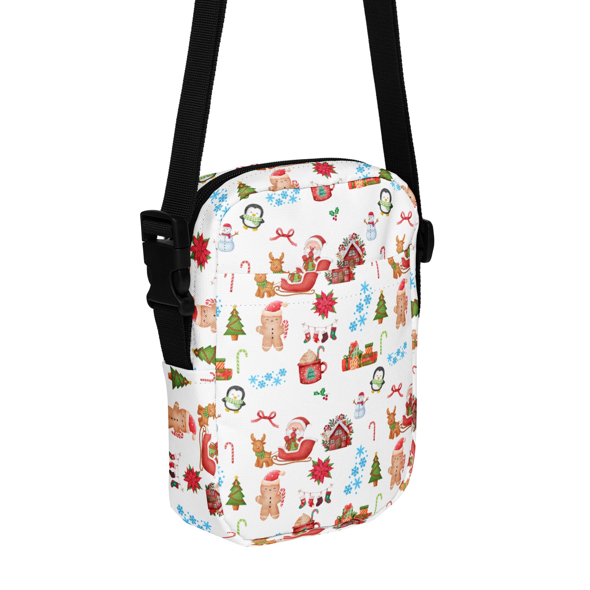 Christmas women’s white crossbody purse with festive gingerbread men penguins santa claus and candy cane print