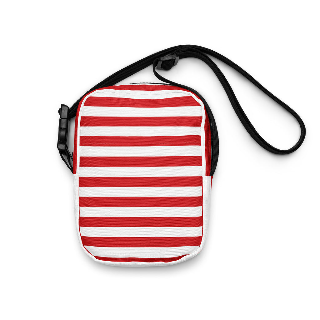 Girls red and white stripes crossbody purse with red and white horizontal stripes and black adjustable strap