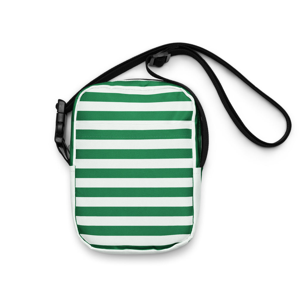 Green and white candy stripe crossbody purse with black adjustable strap for women perfect for Christmas use