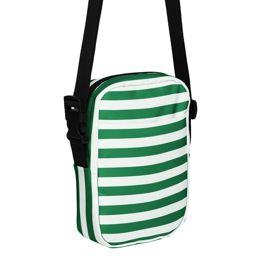 Green and white candy stripe crossbody purse with black adjustable strap for women’s holiday use