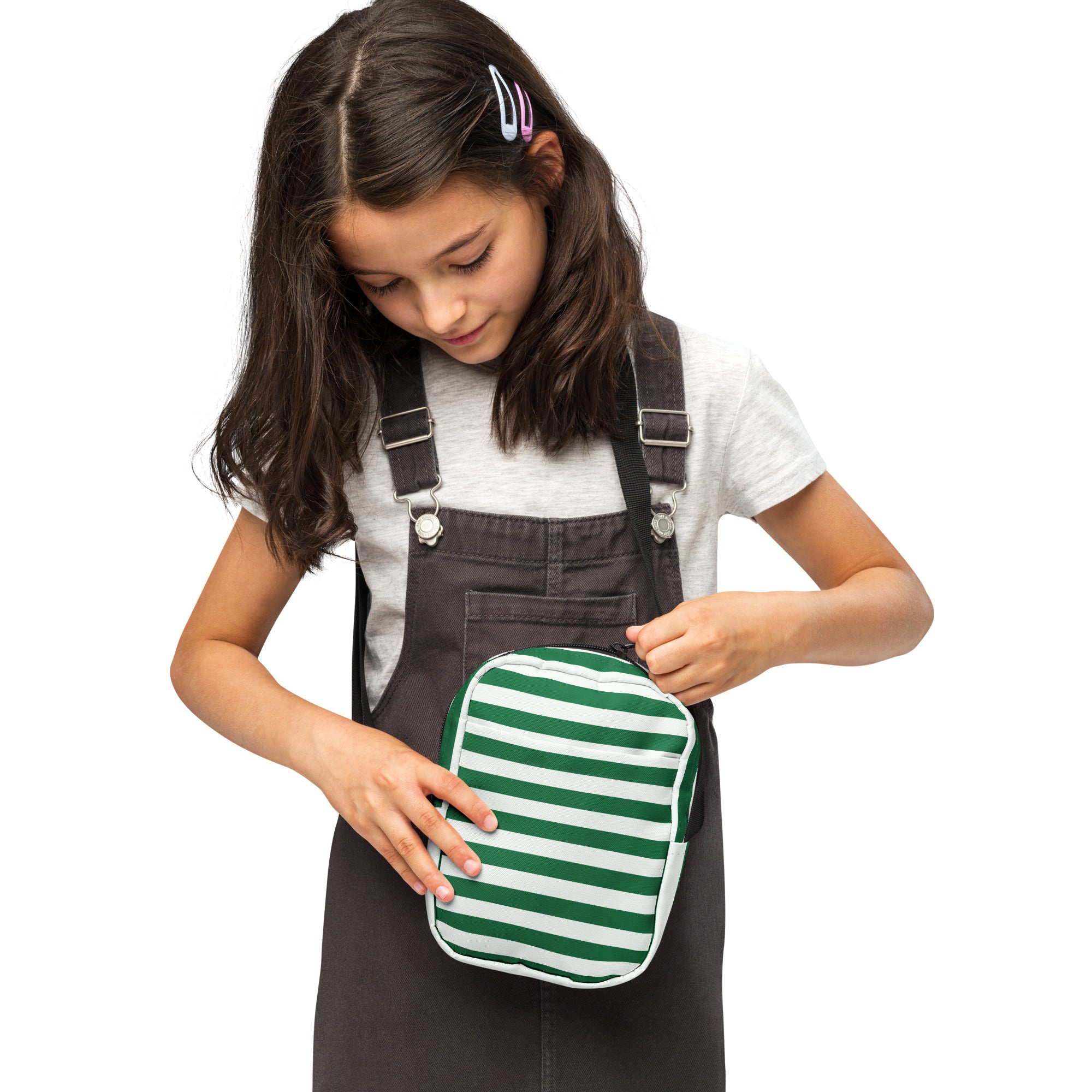 Girls green and white striped crossbody purse with rectangular shape and zipper closure for everyday use