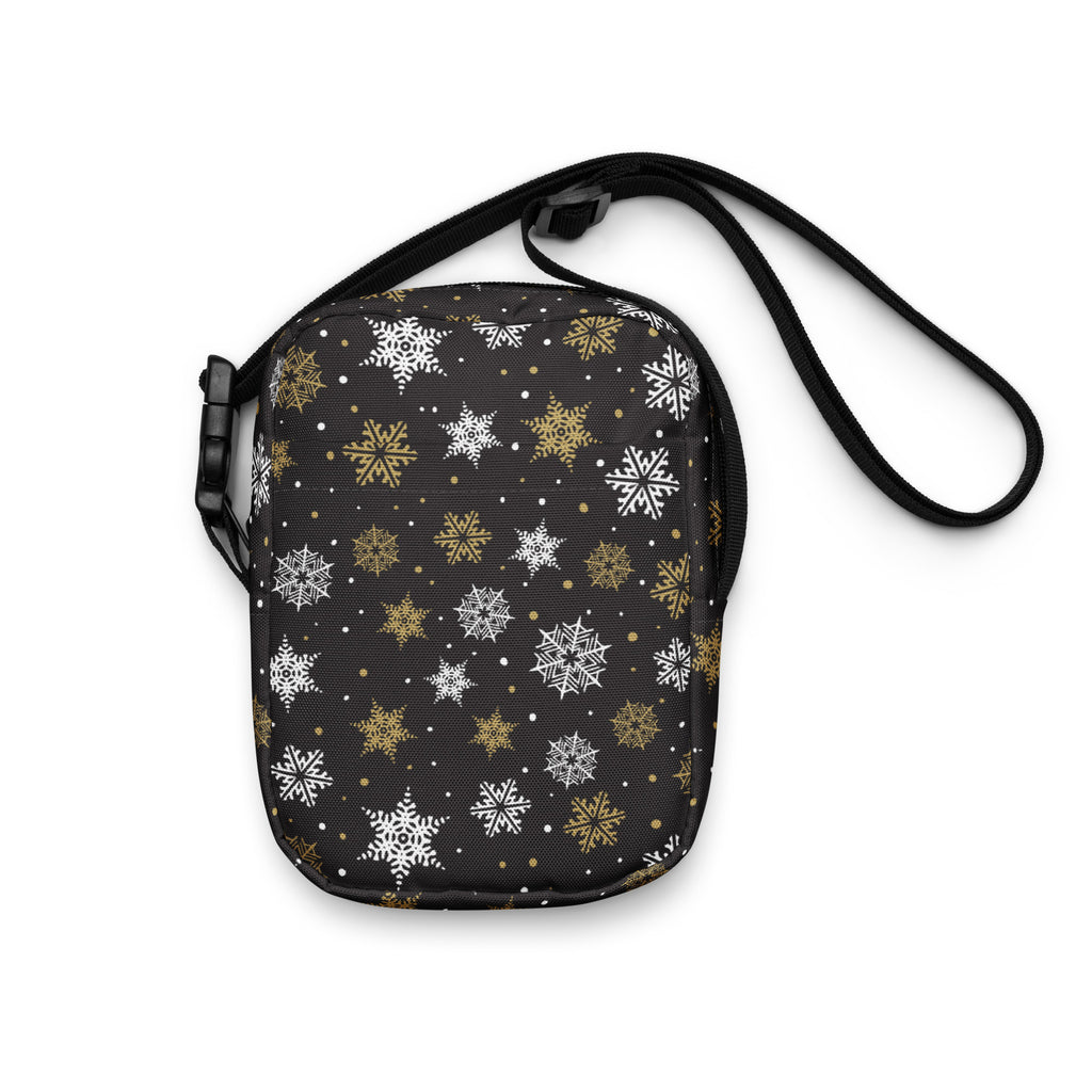 Girls black crossbody purse with white and gold snowflake pattern perfect for festive occasions