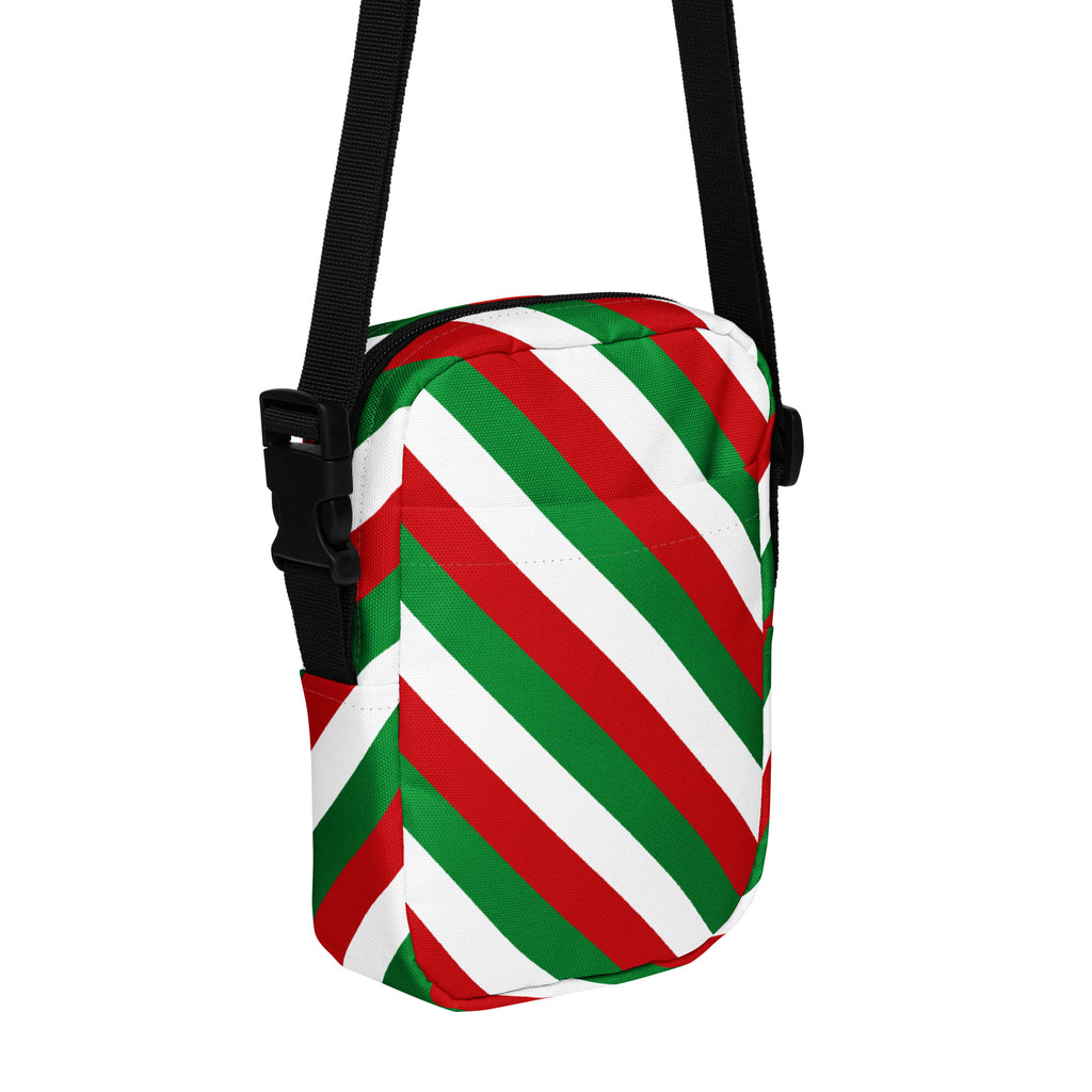 Girls red green and white diagonally striped festive crossbody purse with black adjustable strap