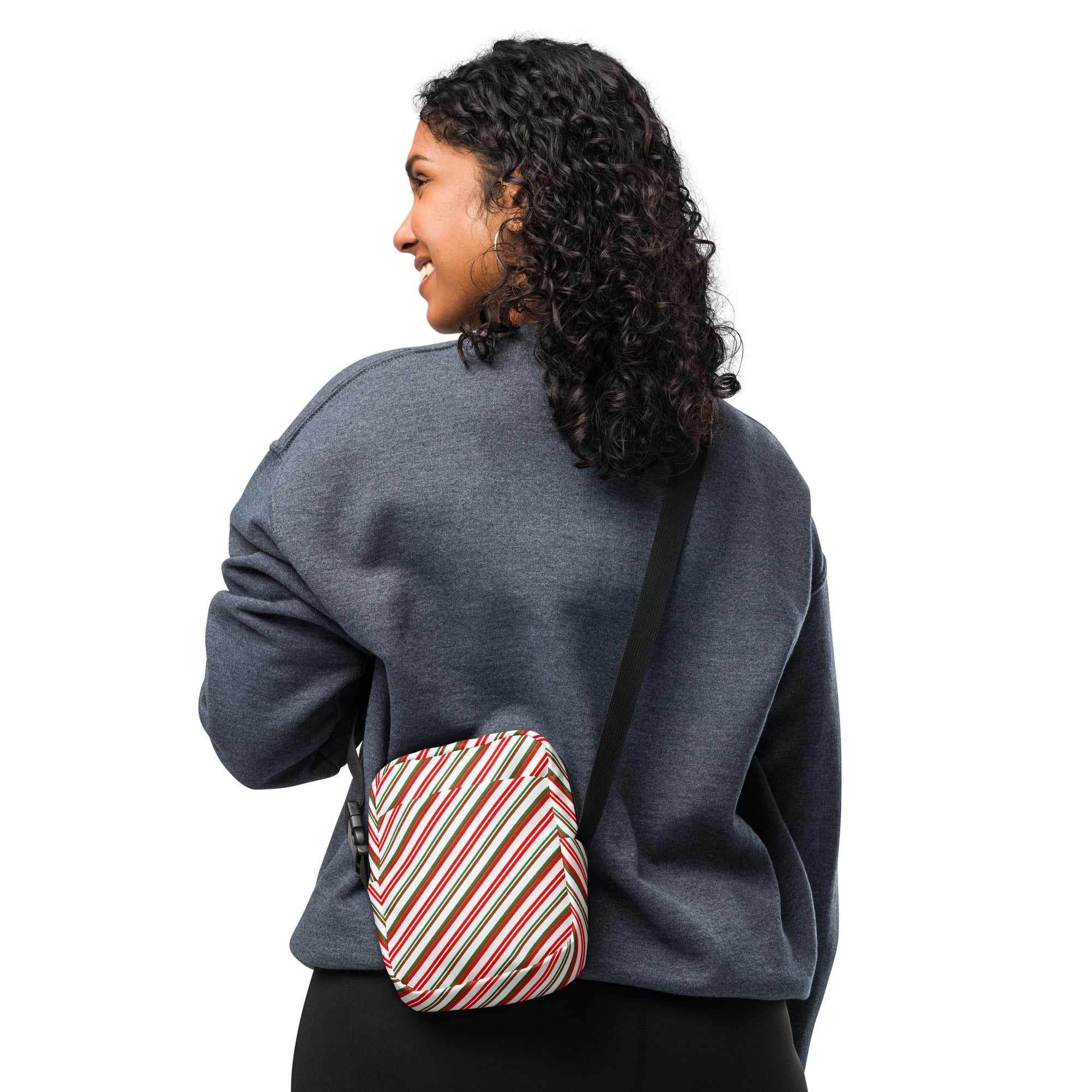 A multicolor diagonal candy stripe crossbody purse with vibrant red beige and olive green stripes for women