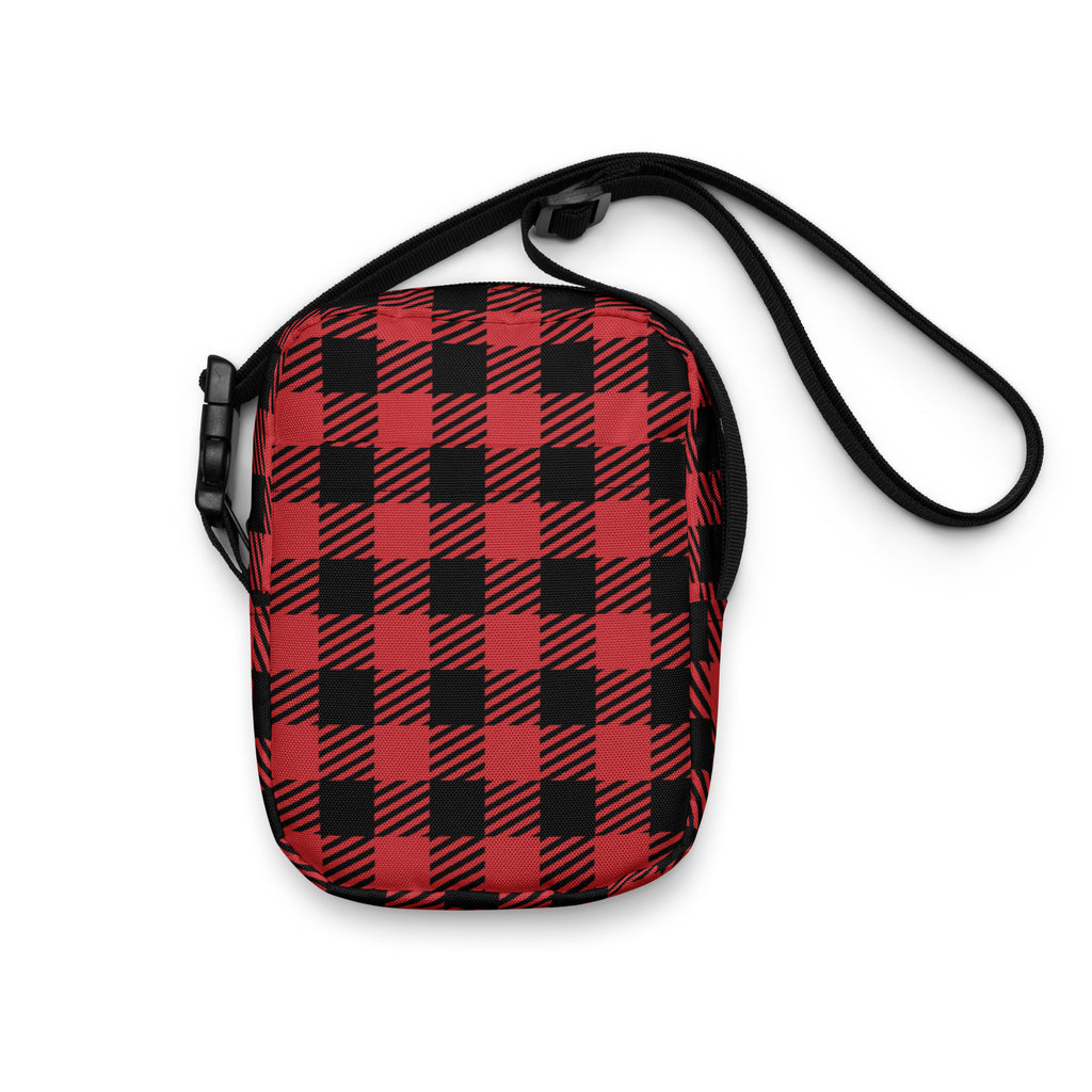 Girls red plaid christmas crossbody purse featuring a red and black plaid pattern with a black adjustable strap