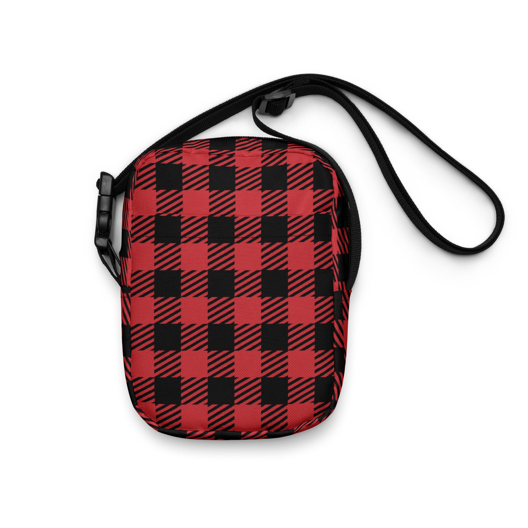 Girls red plaid christmas crossbody purse featuring a red and black plaid pattern with a black adjustable strap