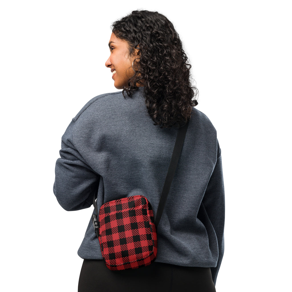 Red buffalo plaid winter women’s crossbody purse with textured fabric finish in red and black plaid pattern