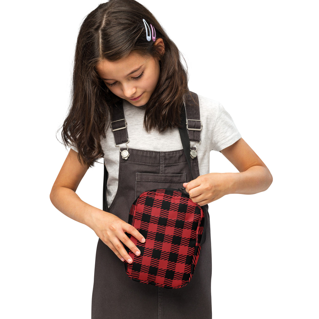 Girls red plaid Christmas crossbody purse made of red and black plaid fabric with adjustable straps for easy wear
