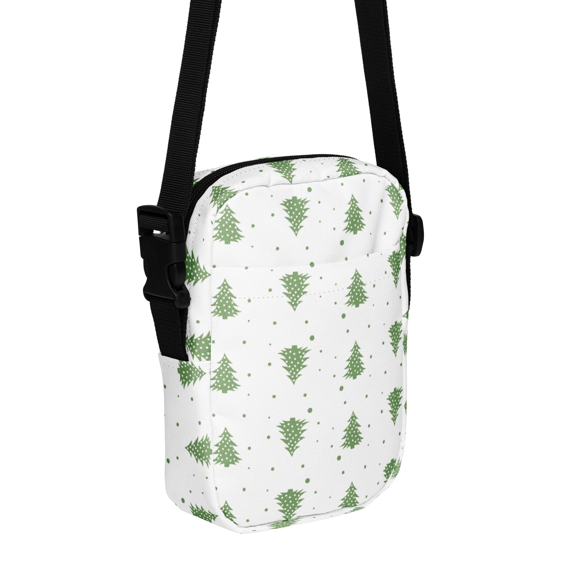 White girls christmas trees crossbody purse with green pine tree and dot pattern and black adjustable strap