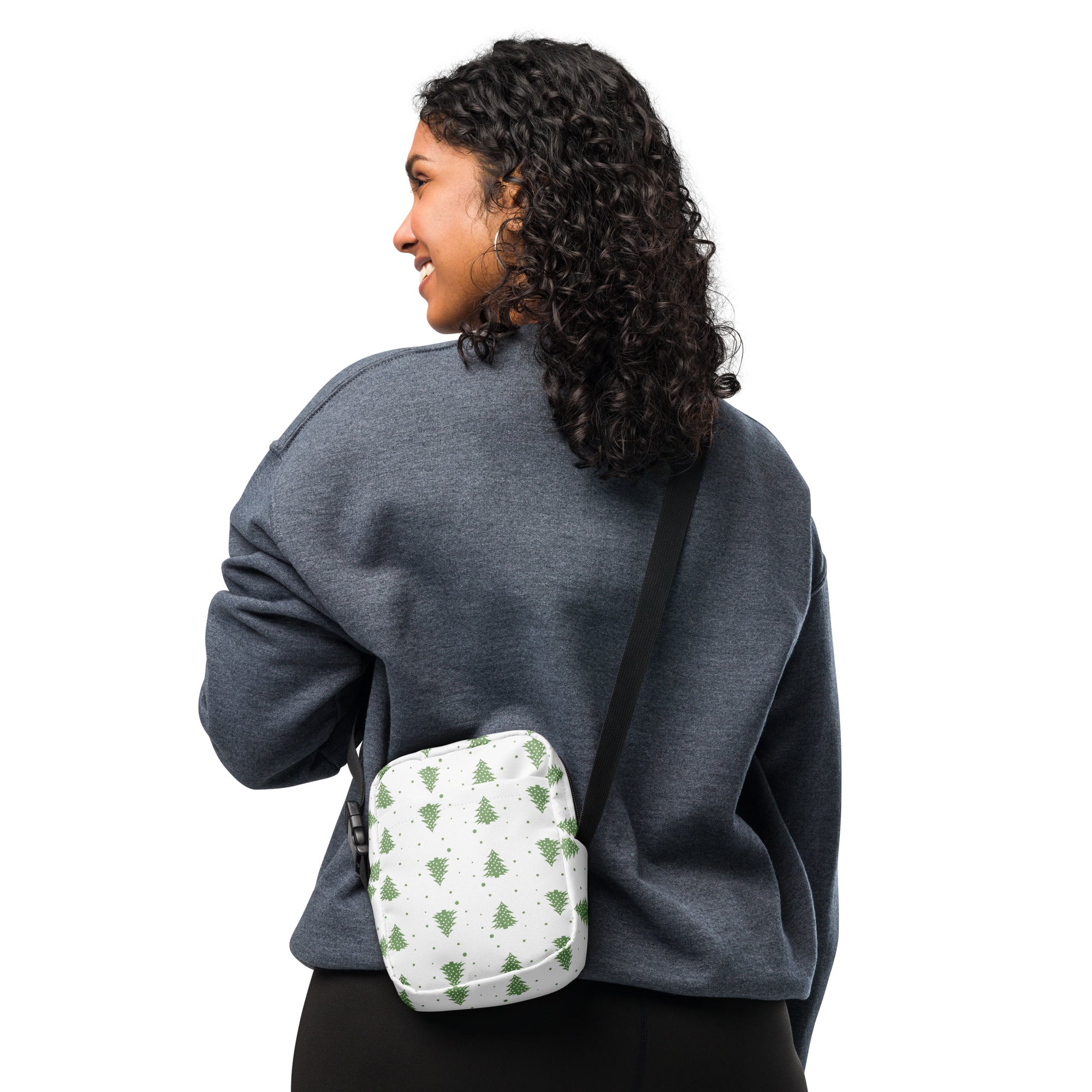White crossbody bag with green pine tree pattern designed for women perfect for winter and Christmas use