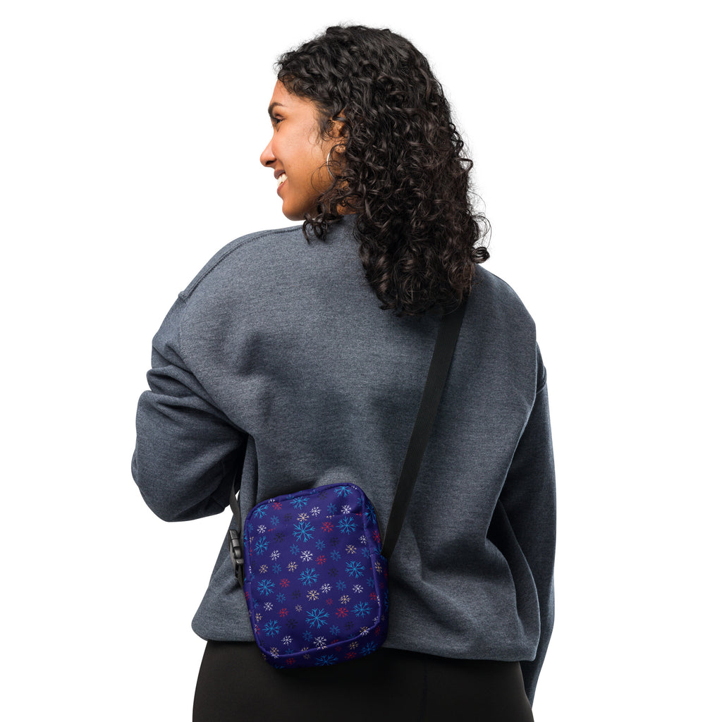 Christmas dark blue crossbody purse with multicolored snowflake pattern for winter women’s use