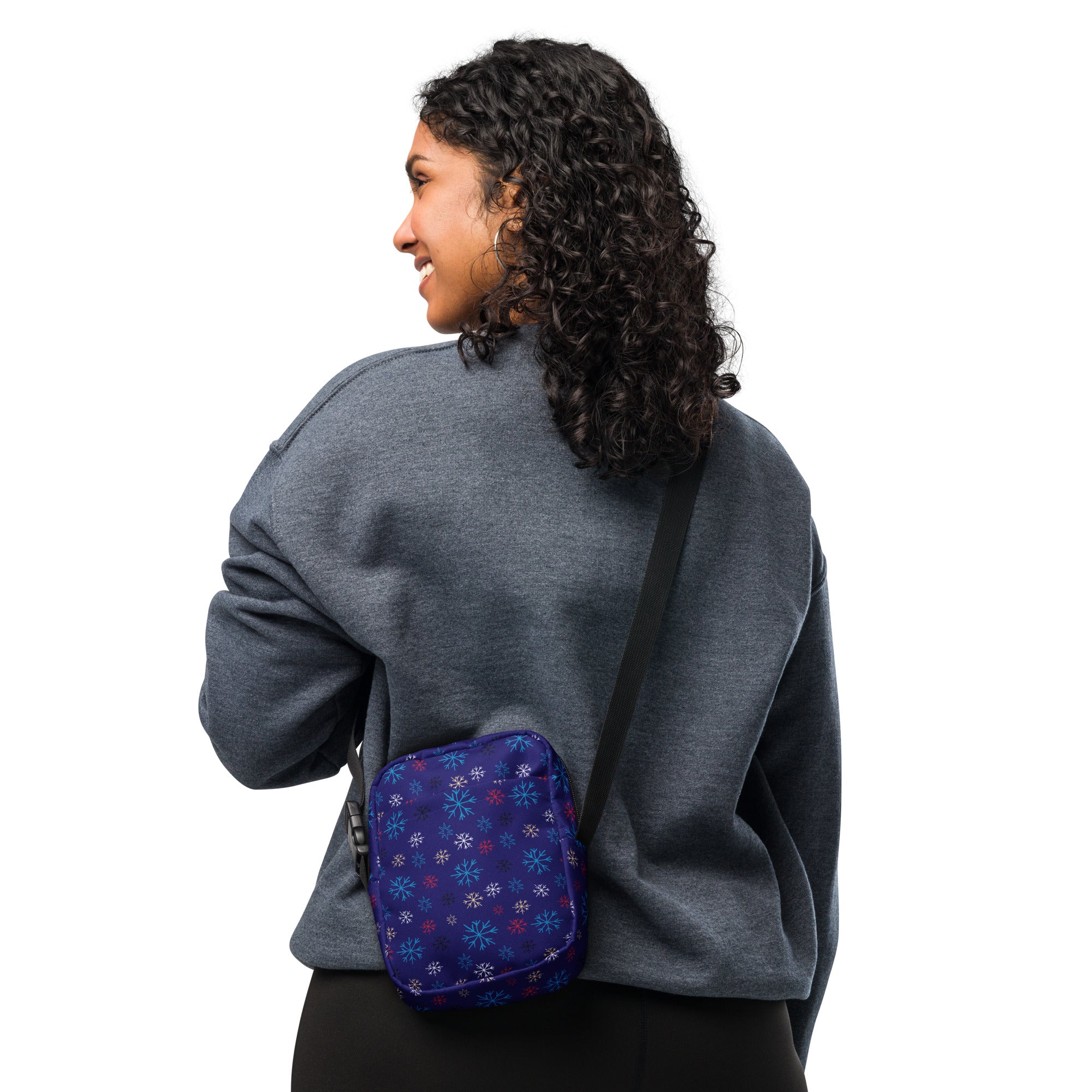 Christmas dark blue crossbody purse with multicolored snowflake pattern for winter women’s use