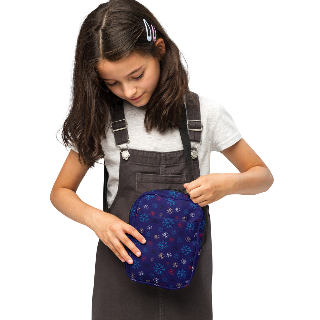 Girls navy crossbody purse made of fabric with a multicolor snowflake pattern for casual use