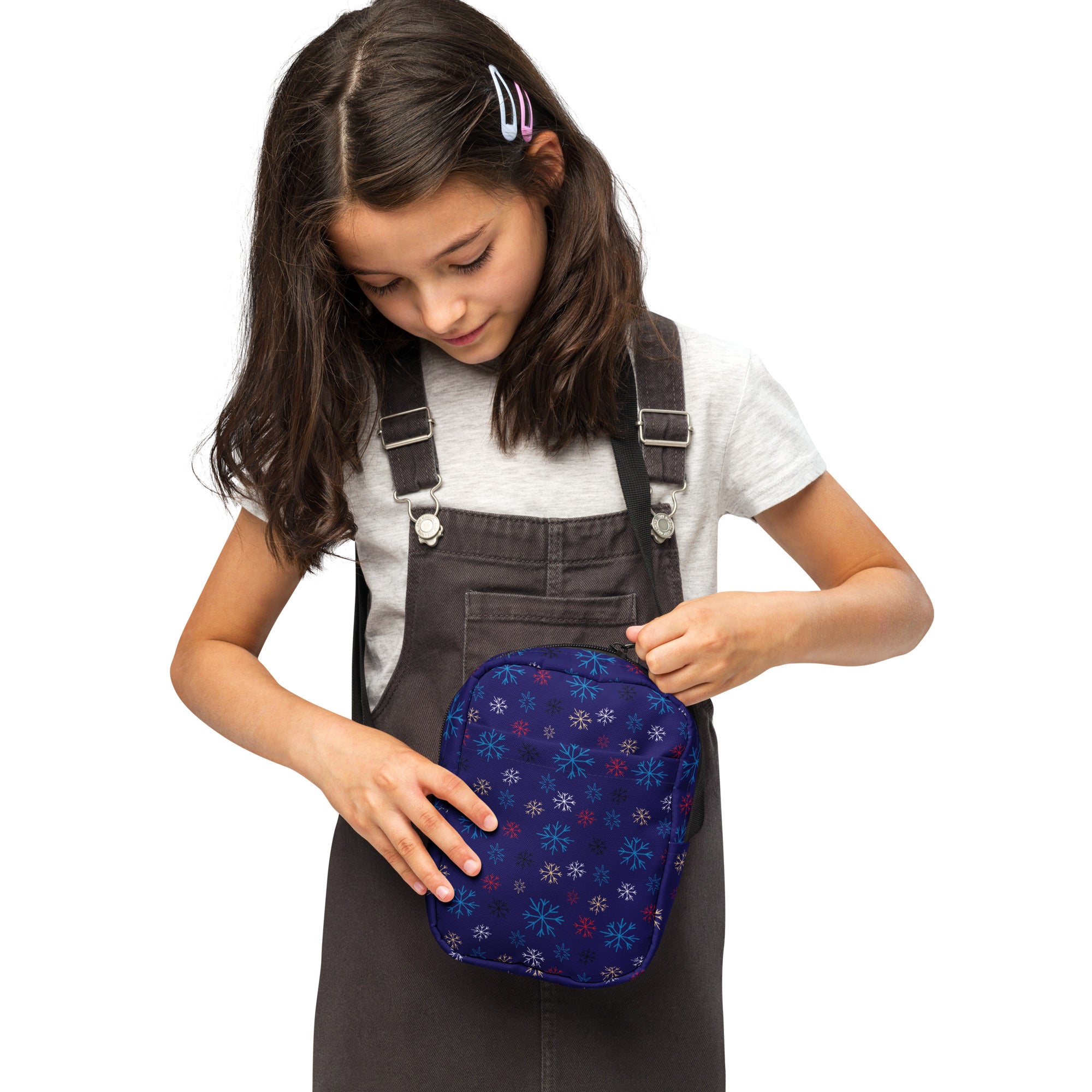 Girls navy crossbody purse made of fabric with a multicolor snowflake pattern for casual use