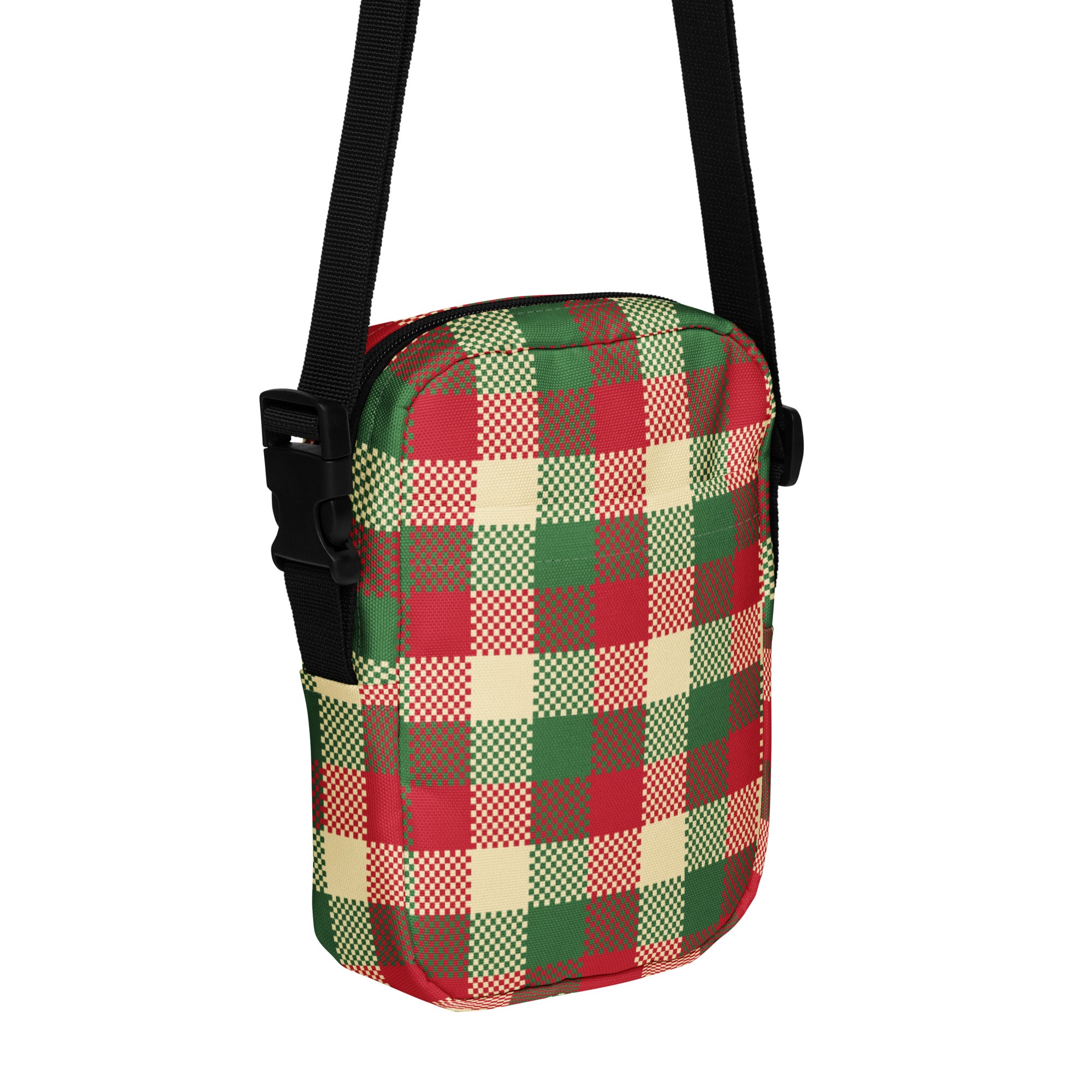 Christmas plaid winter women’s crossbody purse in festive red green and cream plaid with black adjustable strap