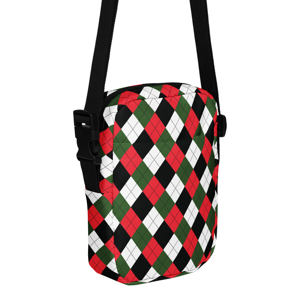 Girls Christmas argyle crossbody purse in festive red green and black with black adjustable strap