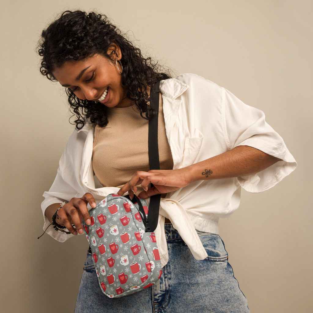 Gray crossbody bag with red and white coffee mug pattern perfect for cozy winter and Christmas use