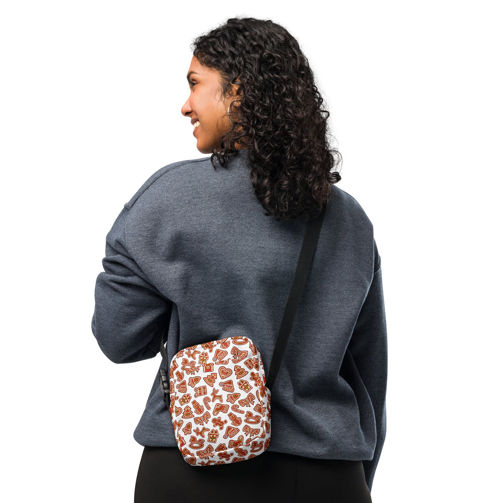 White crossbody bag with playful orange and brown pizza slice pattern perfect for christmas and casual use