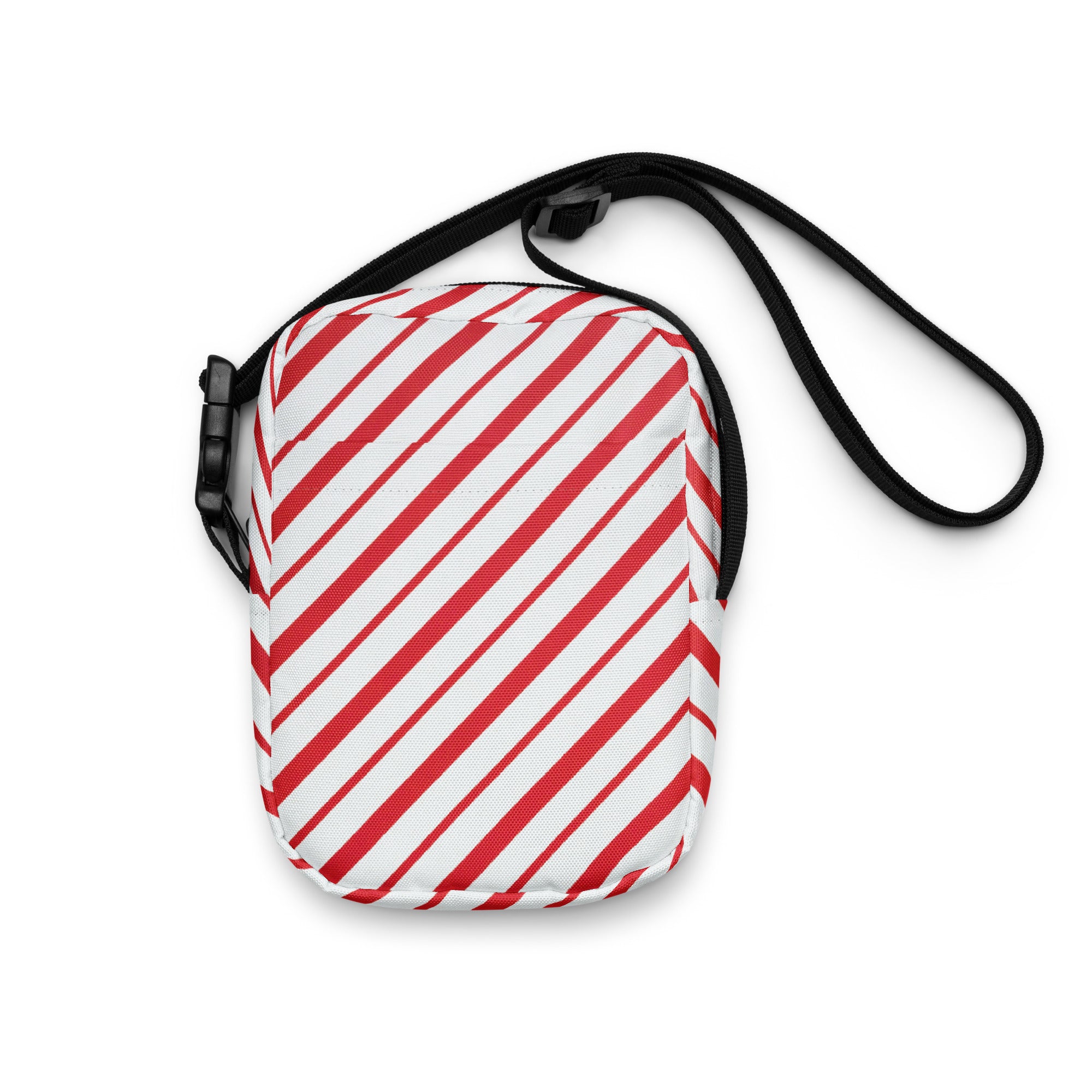 Red and white diagonally striped crossbody bag with black adjustable strap for women festive holiday use