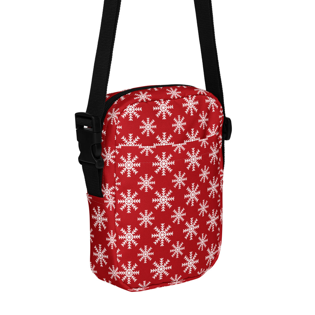 Red snowflake christmas women crossbody purse in red with white snowflake pattern and black adjustable strap