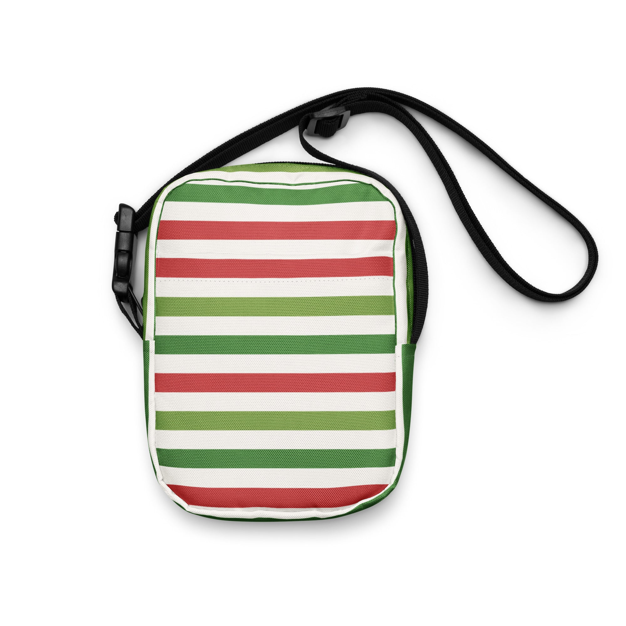 Christmas striped women’s crossbody purse with bold red green and white horizontal stripes in a rectangular shape