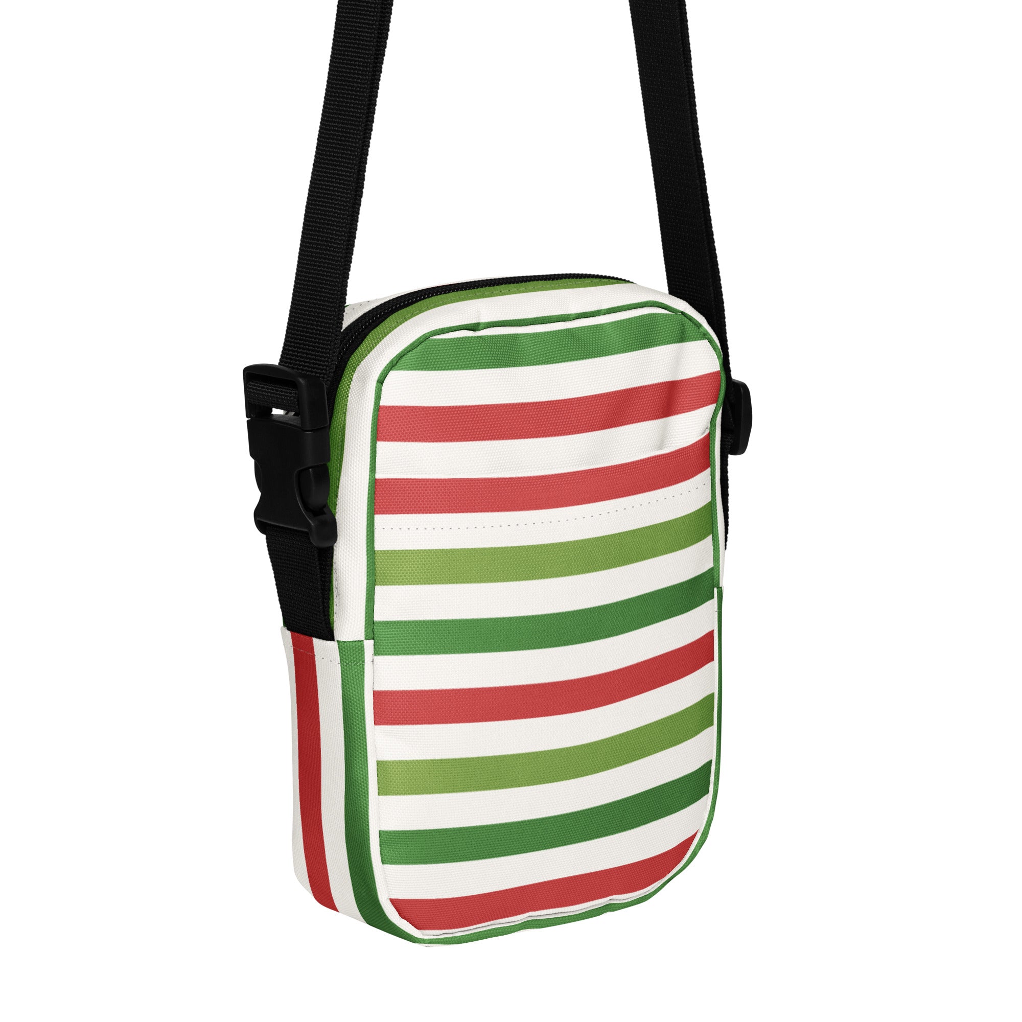 Girls christmas stripe crossbody purse with bold red green and white horizontal stripes and a black adjustable strap