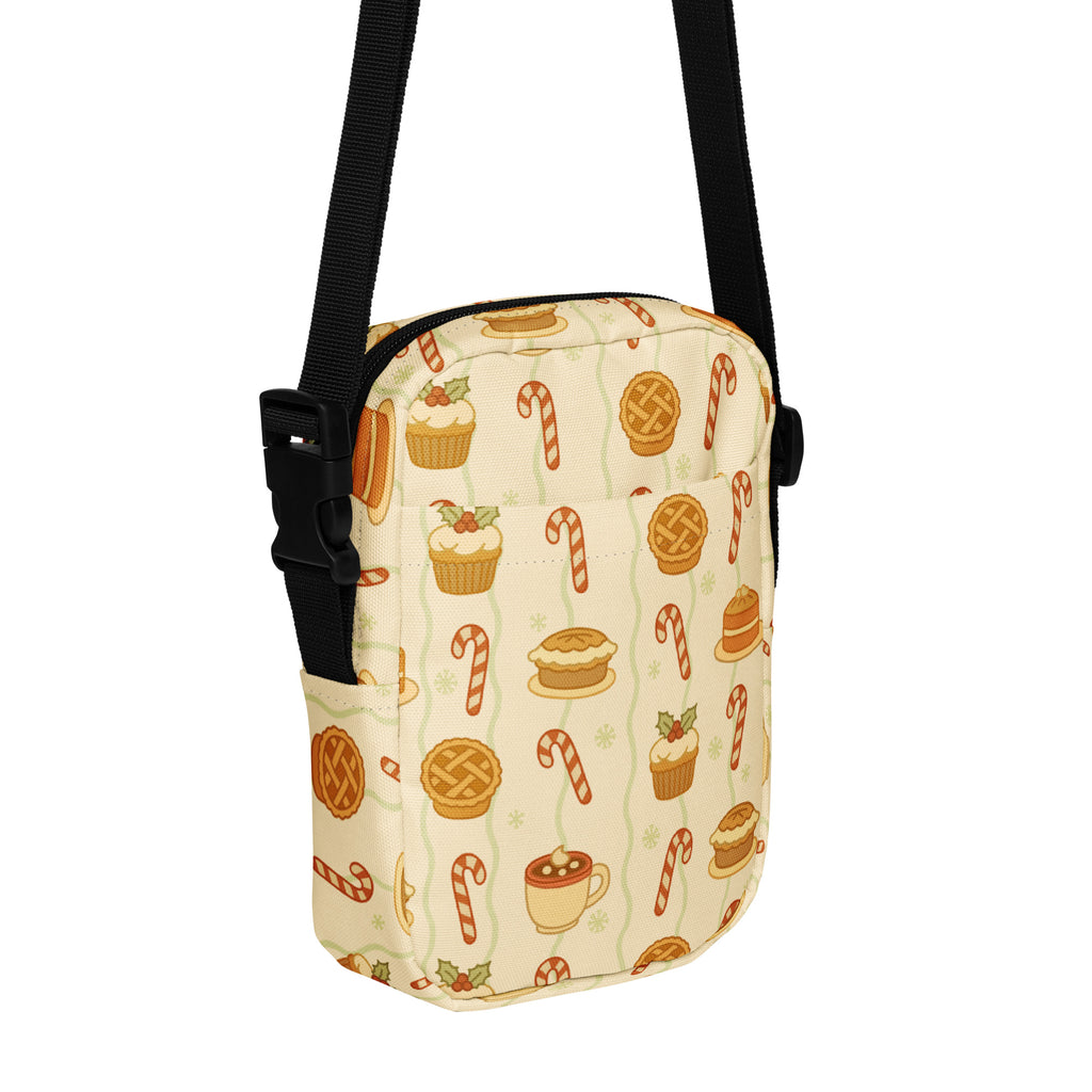 Girls holiday treats crossbody purse in beige with candy cane cupcake pie and hot cocoa pattern in warm orange and brown tones