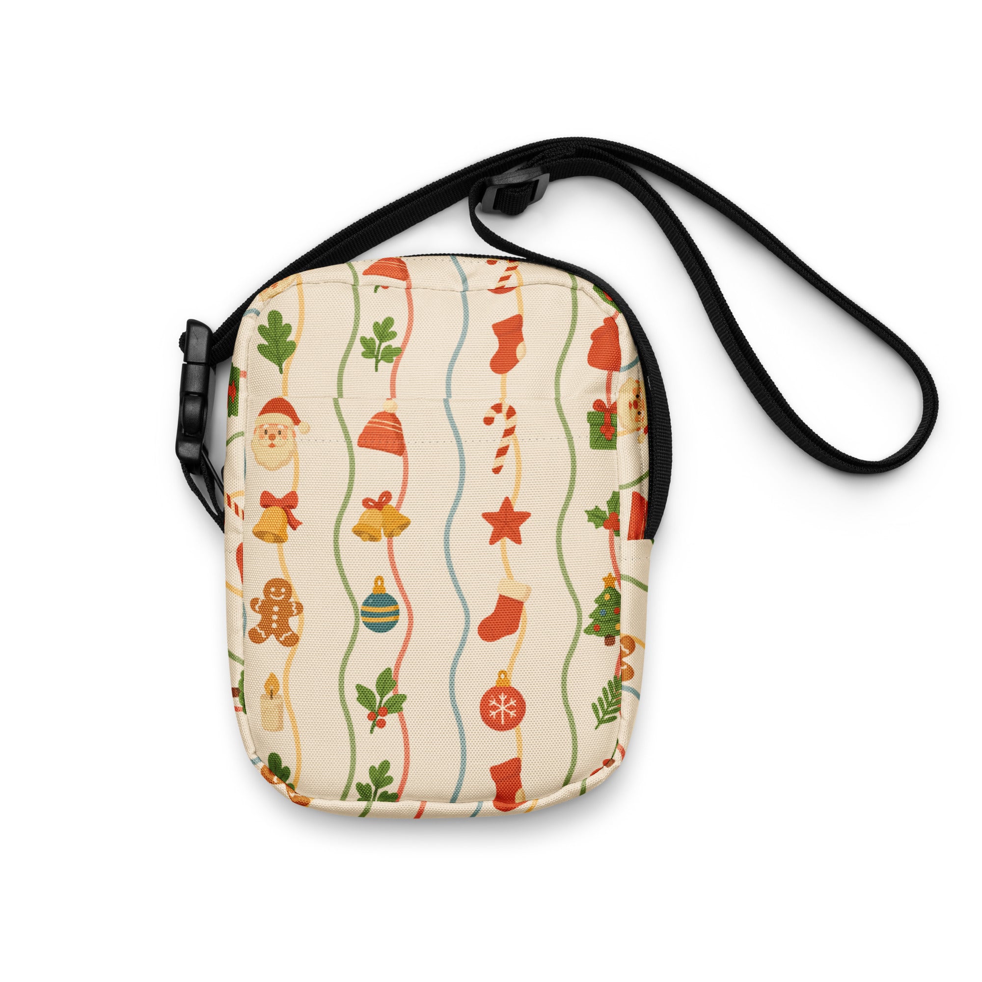 A festive beige girls christmas icons crossbody purse with playful gingerbread men and holiday patterns