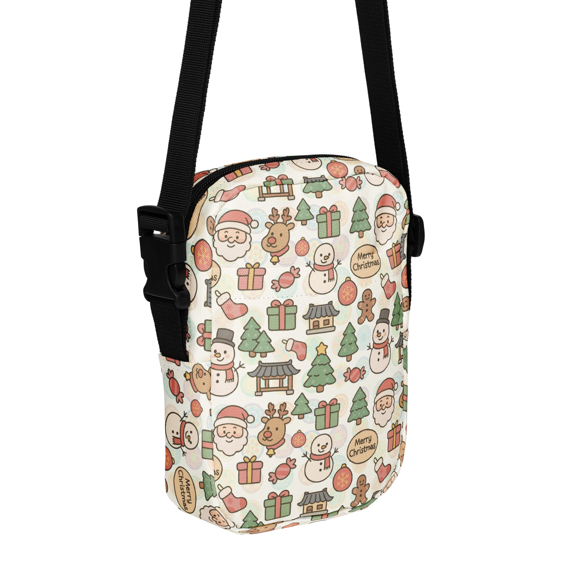 A festive white crossbody purse with santa claus, reindeer, snowmen, christmas trees, and gifts pattern in soft reds and greens