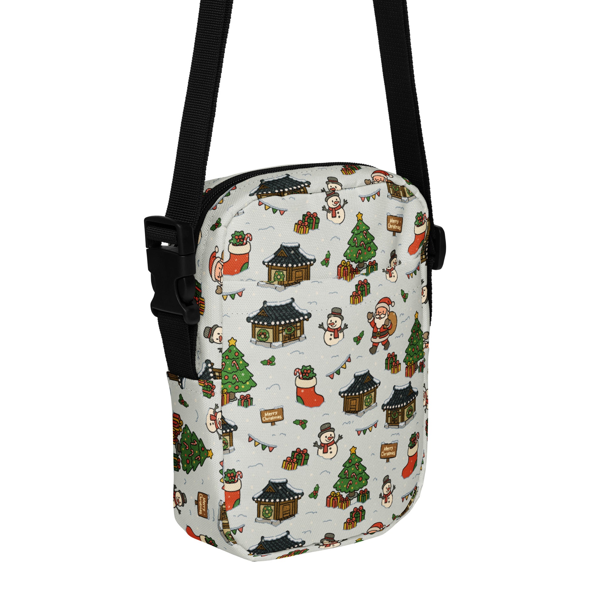 White crossbody bag with festive holiday pattern of snowmen santa claus christmas trees and korean-style houses