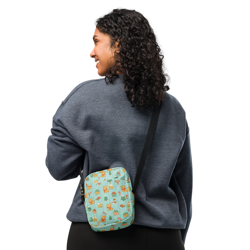 A mint green Shiba Inu Christmas women’s crossbody purse with Winnie the Pooh characters and forest scenes pattern