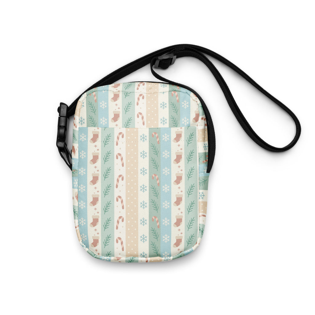 Girls pastel striped christmas crossbody purse with vertical mint green beige cream stripes and festive candy cane patterns