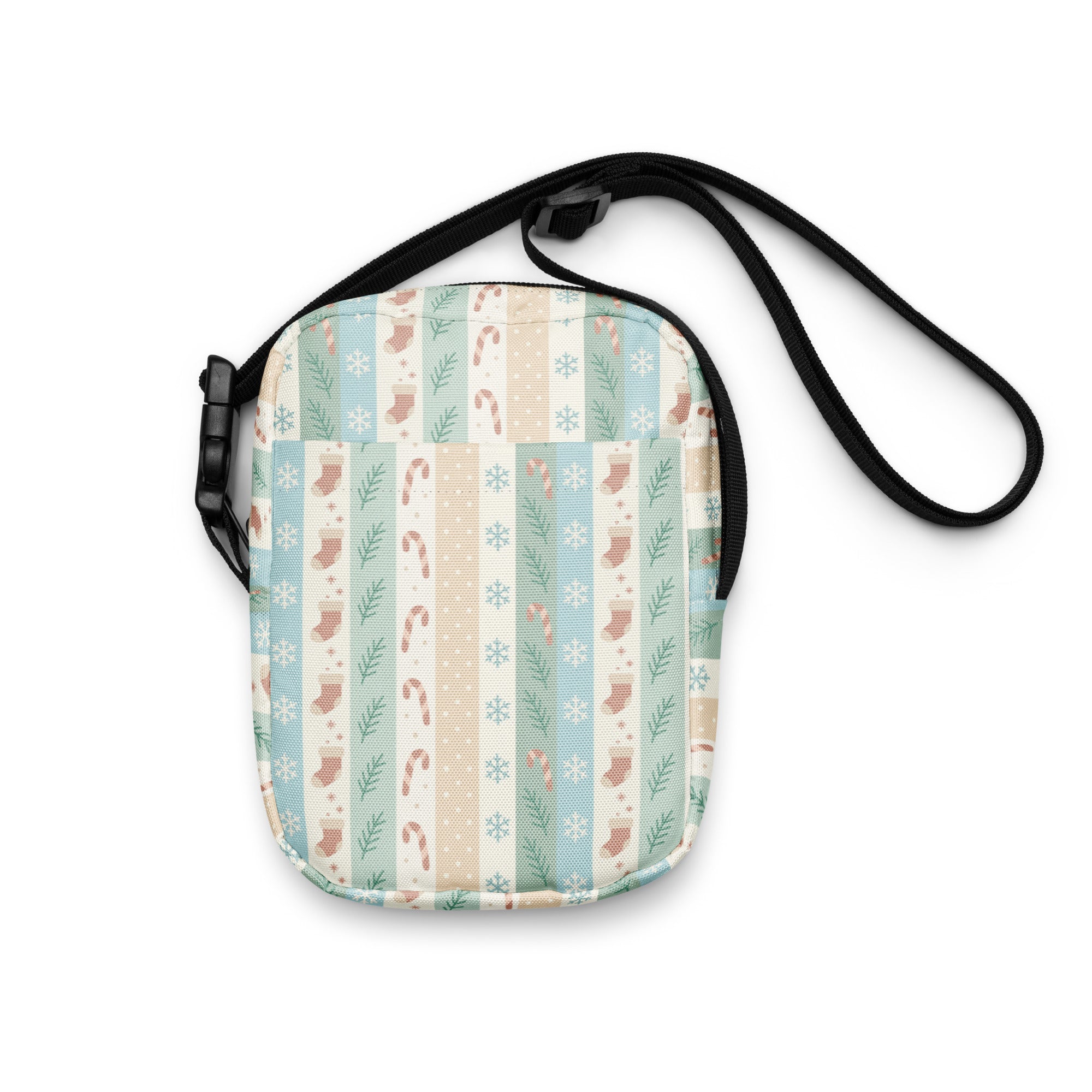 Pastel christmas stripes women’s crossbody purse with vertical mint green beige cream stripes and festive candy cane patterns