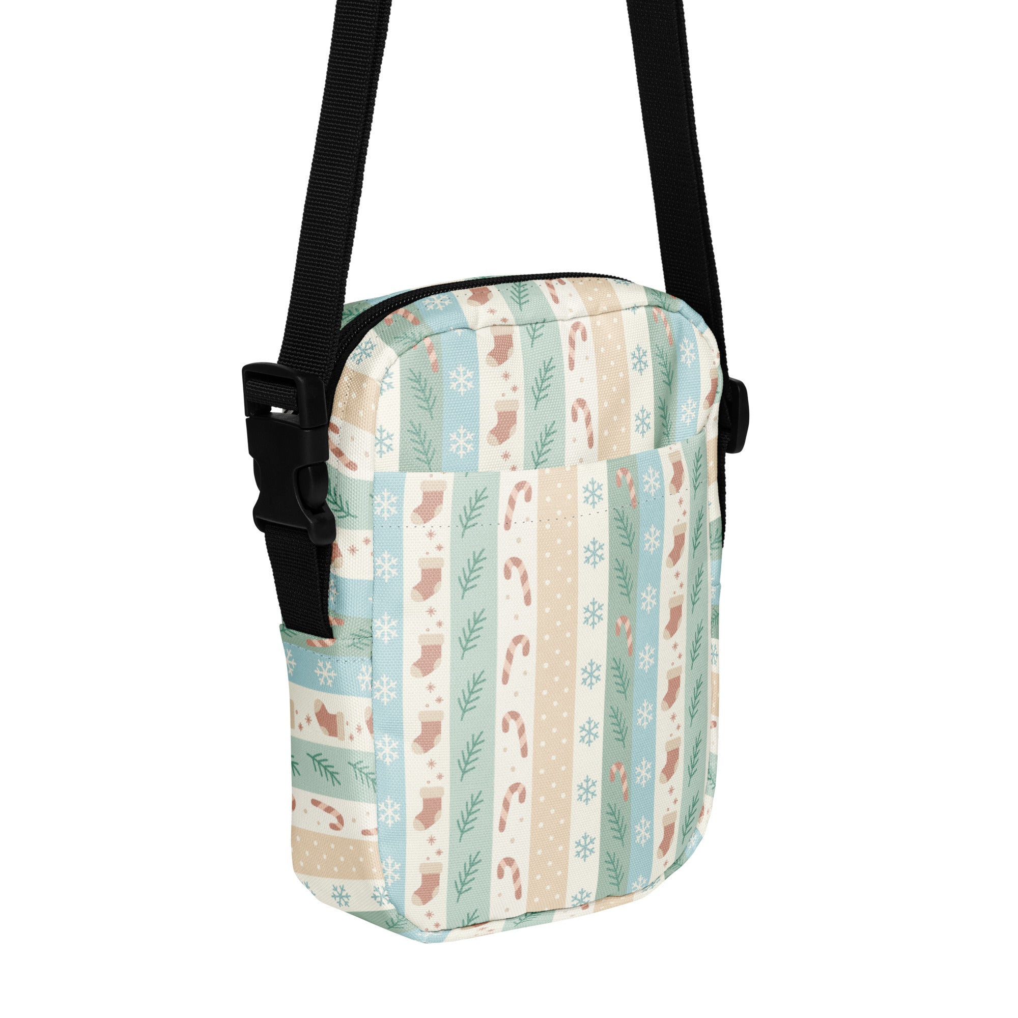 Pastel Christmas Stripes women’s crossbody purse with vertical mint cream beige stripes and holiday motifs on soft fabric