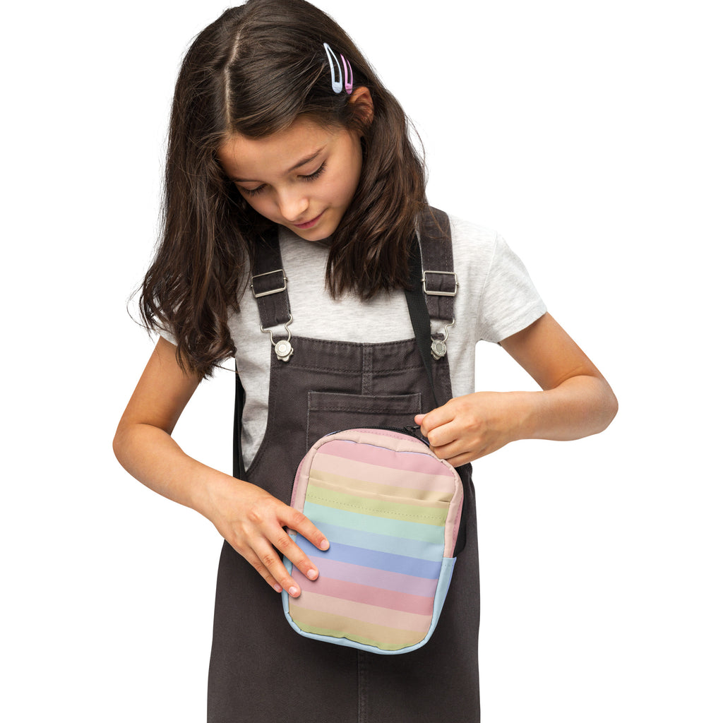 Girls Pastel Rainbow Stripes Crossbody Bag – Water Resistant Mini Purse With Adjustable Strap & Pockets