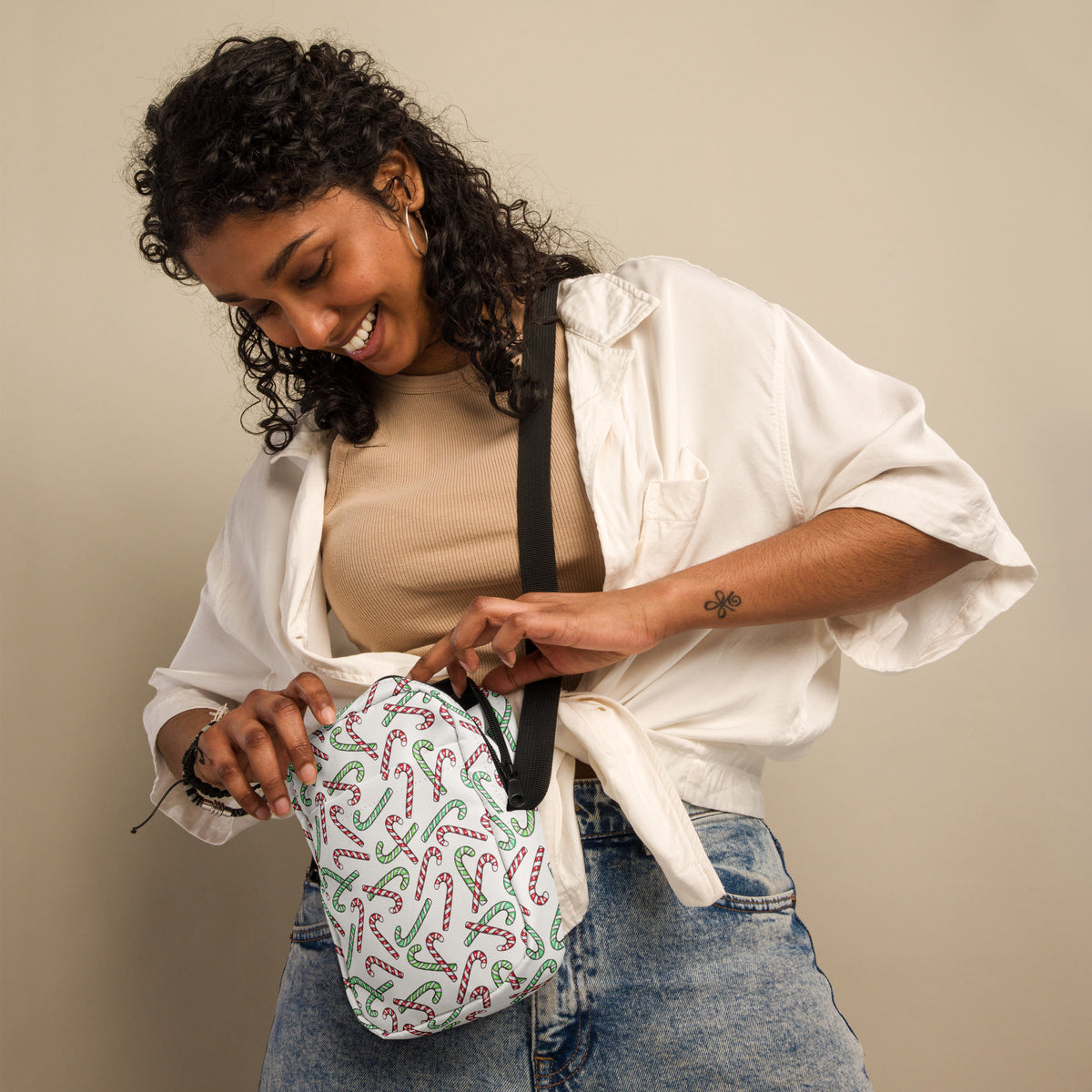Red & Green Candy Cane Christmas Crossbody Bag – Water Resistant Mini Purse With Adjustable Strap & Pockets
