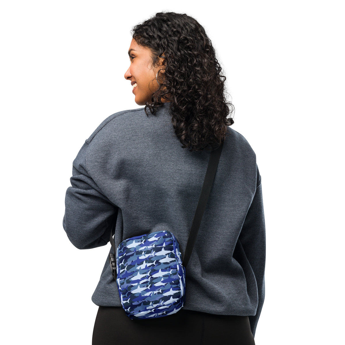 Blue Shark Camouflage Crossbody Bag – Water Resistant Mini Purse With Adjustable Strap & Pockets