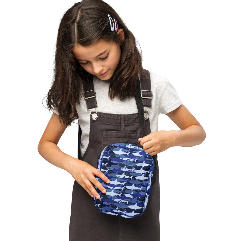 Girls Blue Shark Camouflage Crossbody Bag – Water Resistant Mini Purse With Adjustable Strap & Pockets