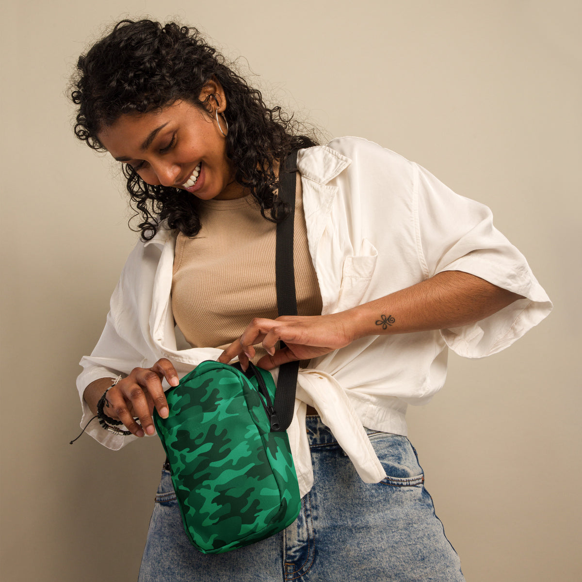 Green Camouflage Crossbody Bag – Water Resistant Mini Purse With Adjustable Strap & Pockets