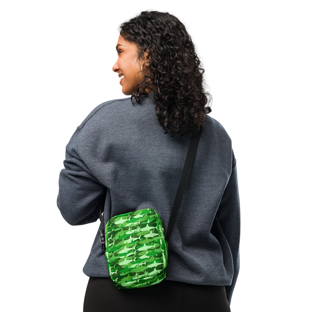 Green Shark Camouflage Crossbody Bag – Water Resistant Mini Purse With Adjustable Strap & Pockets