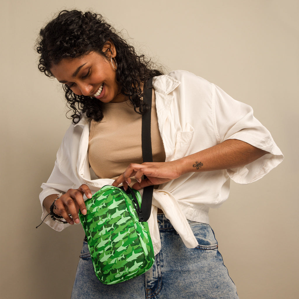 Green Shark Camouflage Crossbody Bag – Water Resistant Mini Purse With Adjustable Strap & Pockets